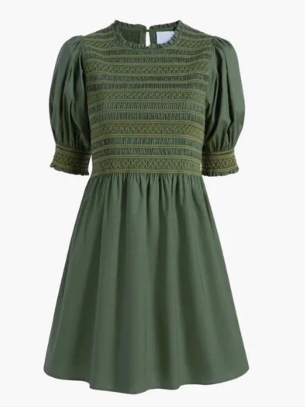 Smocked Bodice Puff Sleeve Mini Dress in Olive Green